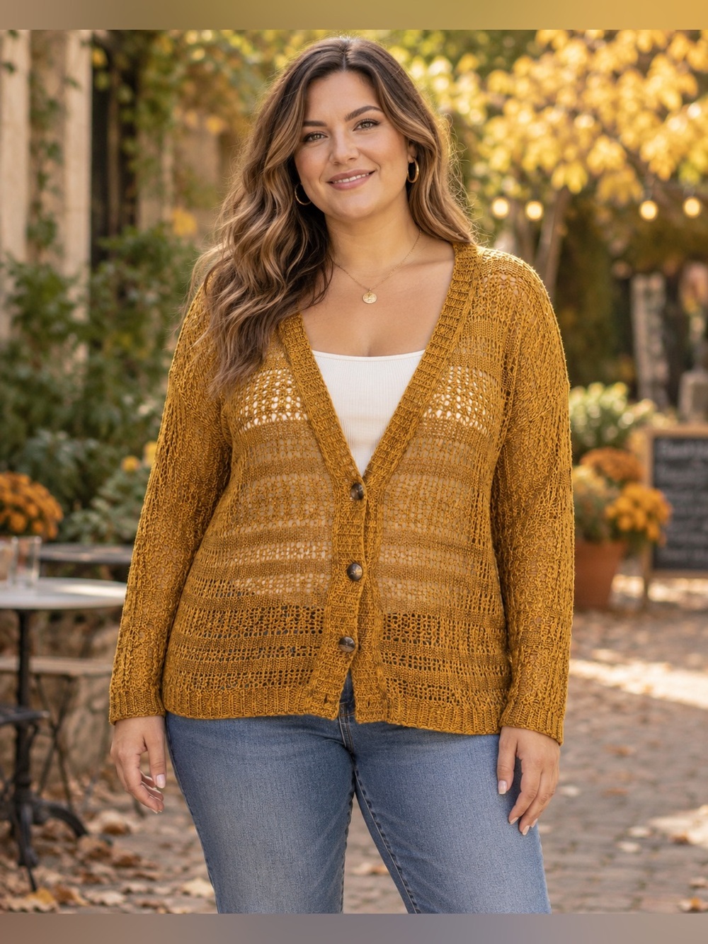 Mudd Mustard Yellow Open-Knit Button-Front Cardigan Sweater XL